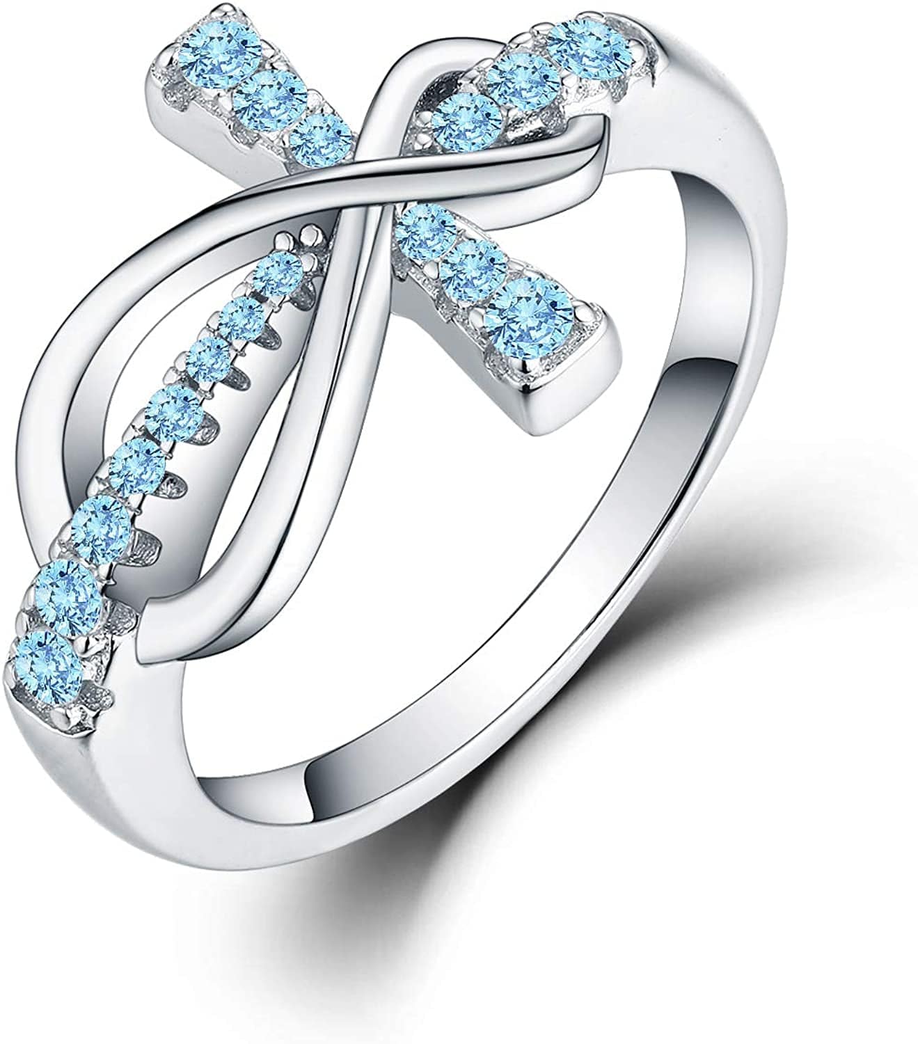 JO WISDOM 925 Sterling Silver Cubic Zirconia Cross Infinity Ring March,aquamarine Color / 6