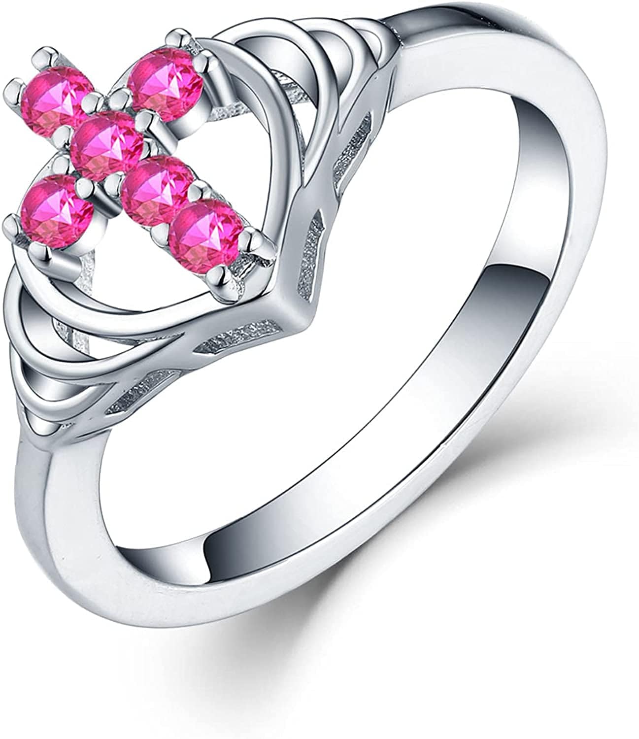 JO WISDOM 925 Sterling Silver Cubic Zirconia Heart Cross Ring July,Ruby Color / 10