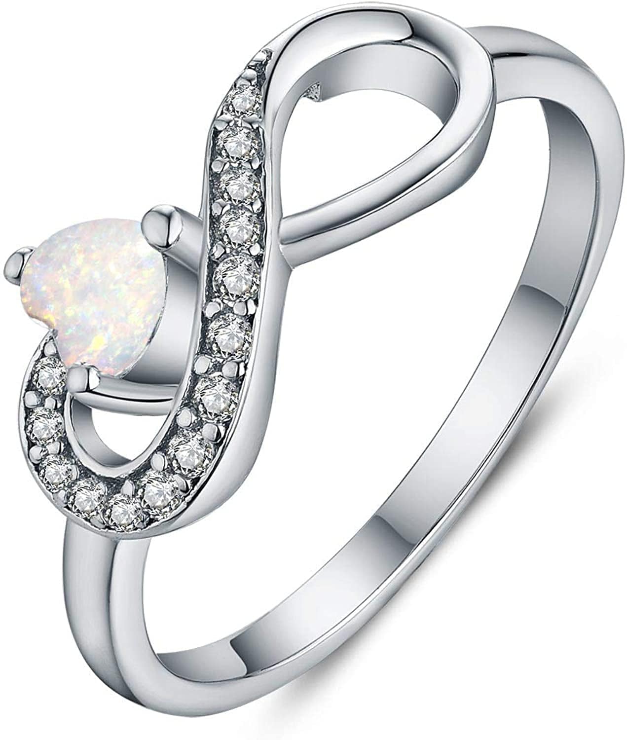 JO WISDOM Infinity Heart Promise Rings for Her Sterling Silver Friendship Ring October-white opal / 5