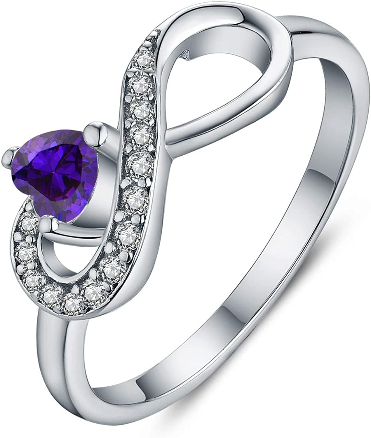 JO WISDOM Infinity Heart Promise Rings for Her Sterling Silver Friendship Ring February-Deep purple / 5