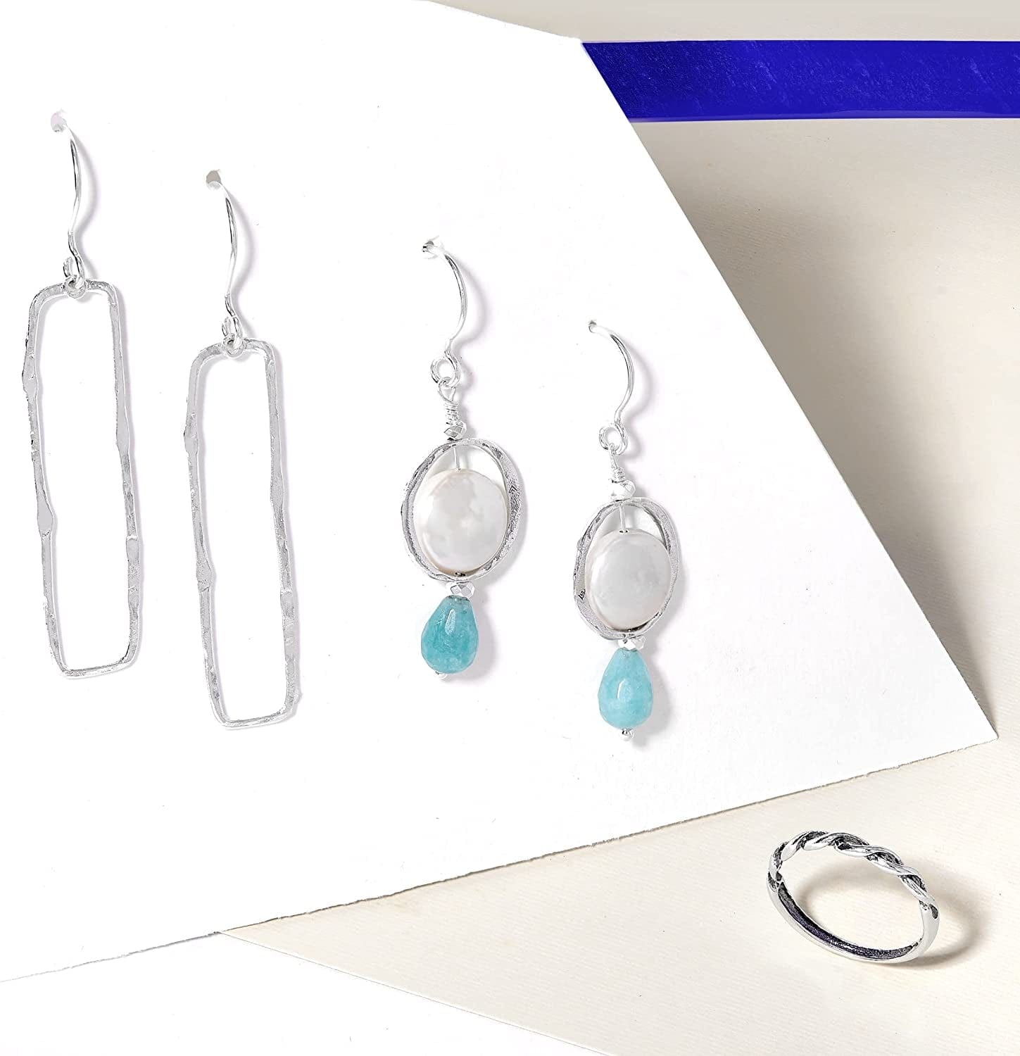 'Josephine' Freshwater Cultured Pearl, Blue Quartz and Hematite Drop Earrings in Sterling Silver