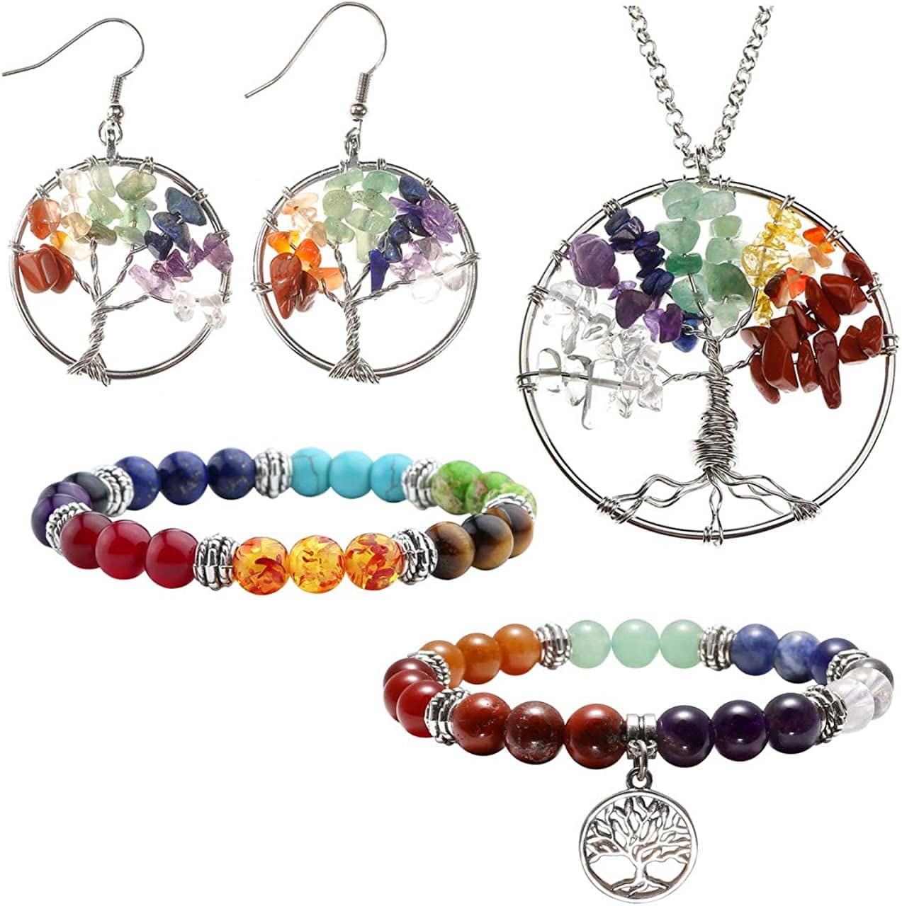 JOVIVI 7 Chakra Tree of Life Tumbled Gemstone Healing Crystals Necklace & Earrings & Chakra Bracelet Sets, Mothers Day Gifts 4pcs: Tree of Life Necklace & Earrings & 7 Chakras Bracelet