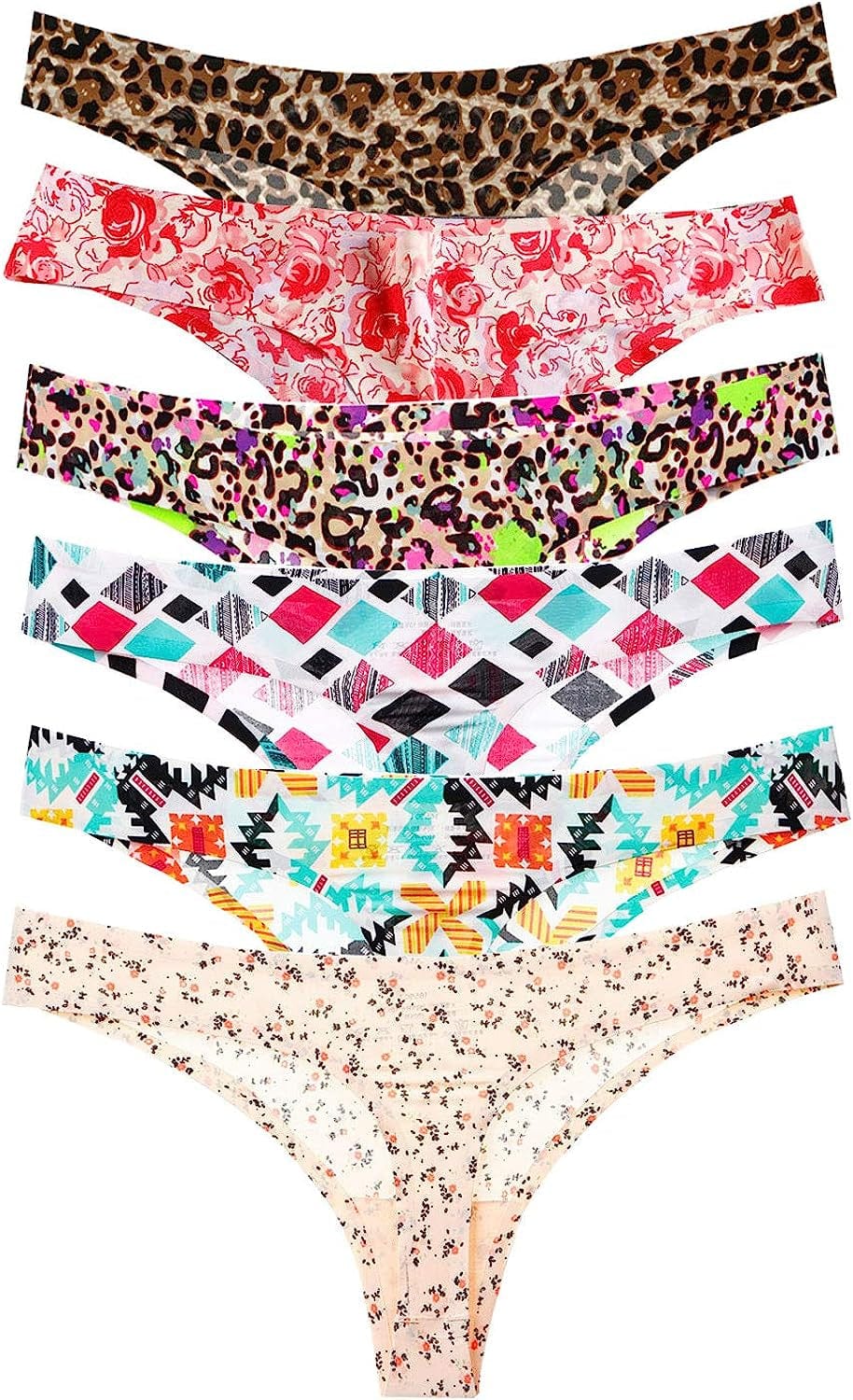 Justgoo Womens Sexy Thongs No Show Panties Underwear Low Rise T-Back Underpants Pack of 6 1 / Large