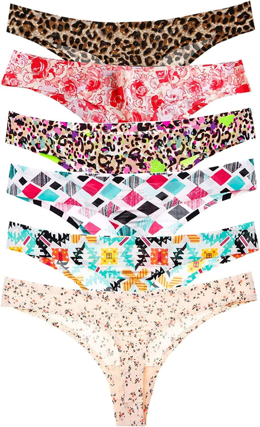 Justgoo Womens Sexy Thongs No Show Panties Underwear Low Rise T-Back Underpants Pack of 6 1 / Medium