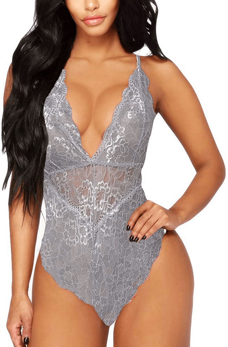 Kaei&Shi V-Neck See Through Lingerie Floral Lace Babydoll Sexy Lingerie for Women One Piece Bodysuit Apparel & Accessories > Clothing > Underwear & Socks > Lingerie Kaei&Shi Grey XX-Large