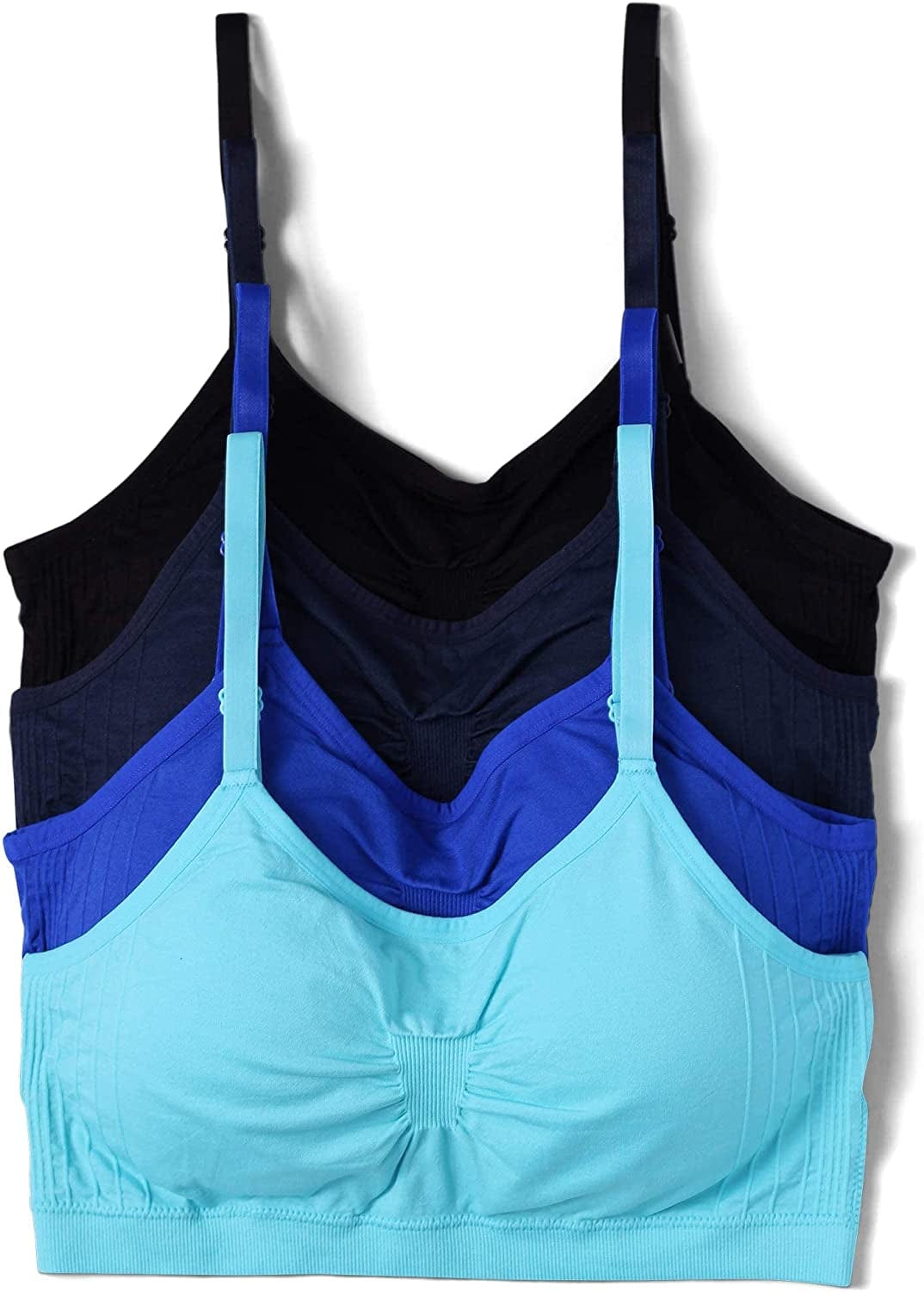 Kalon 4 Pack Women’S Nylon Spandex Removable Pads Comfort Cami Bras Wireless Blk/Blues / XX-Large