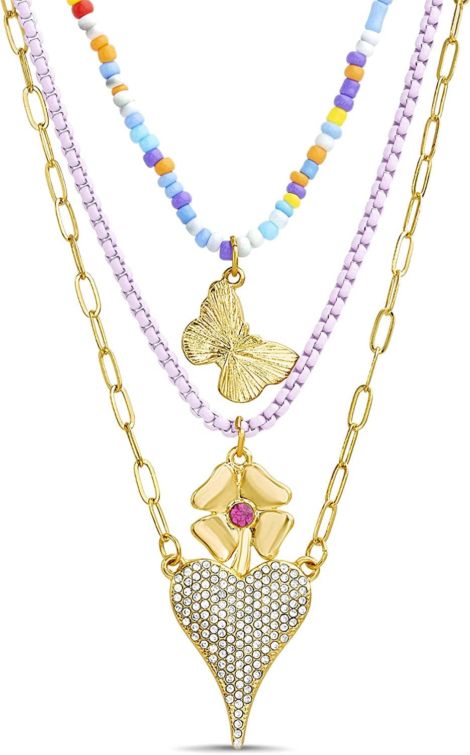 Kensie Girls' Necklace - Three Row Layered Beaded and Chain Charm Pendant Necklace Good Luck Shamrock / One Size