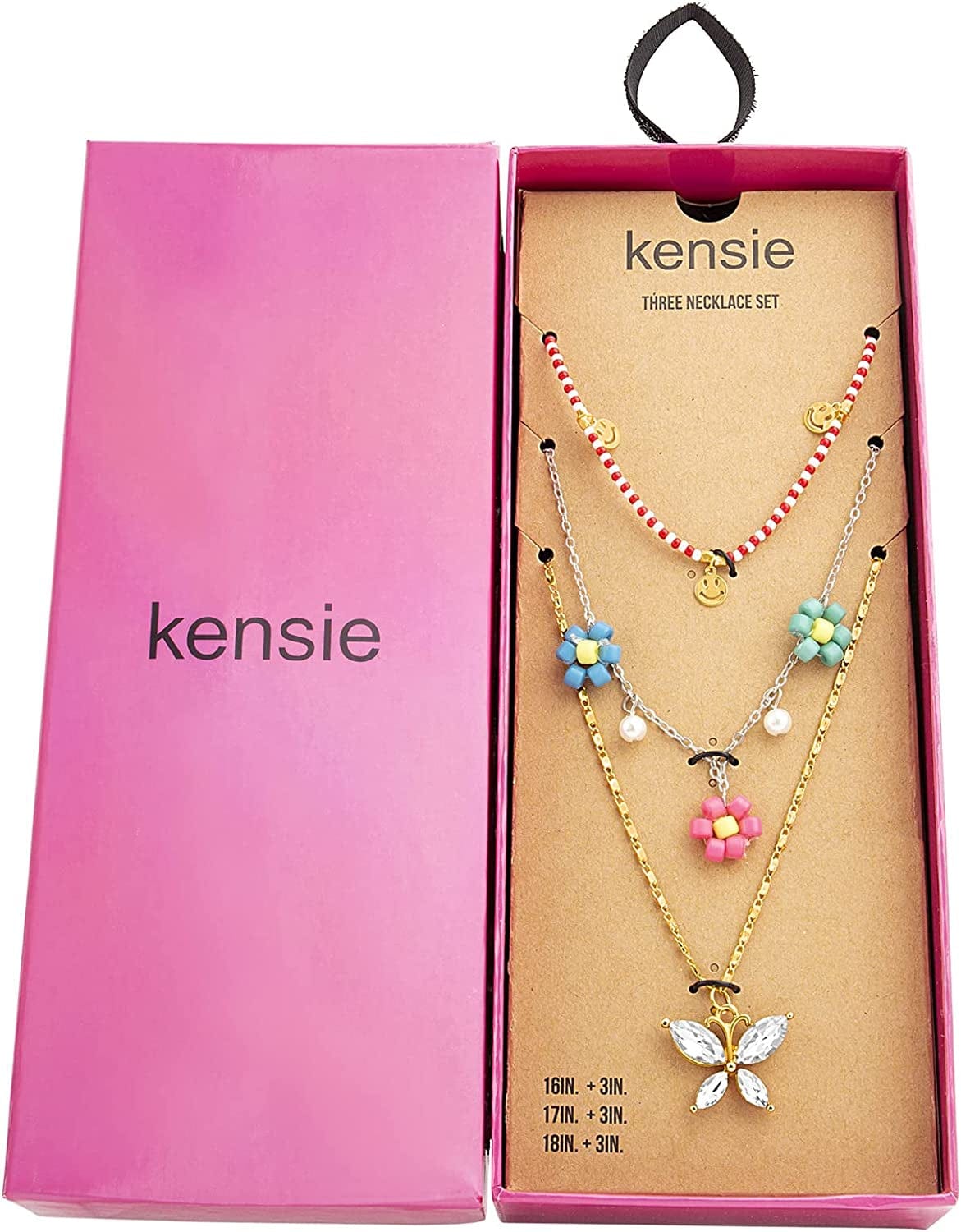 Kensie Girls' Necklace - Three Row Layered Beaded and Chain Charm Pendant Necklace