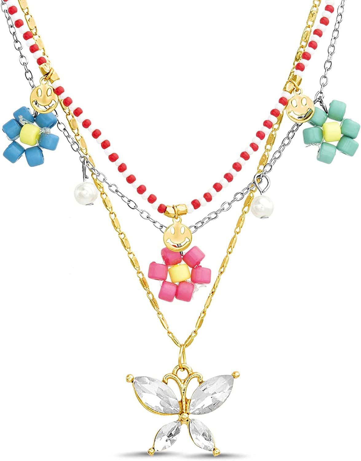 Kensie Girls' Necklace - Three Row Layered Beaded and Chain Charm Pendant Necklace Floral Butterfly / One Size