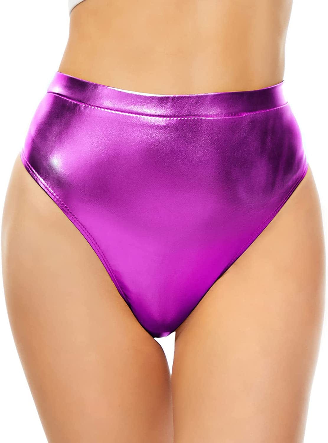 Kepblom Women'S Thong Metallic Rave Bottoms Shiny High Waisted Panties for Festival Clubwear Dancing Purple / XX-Large