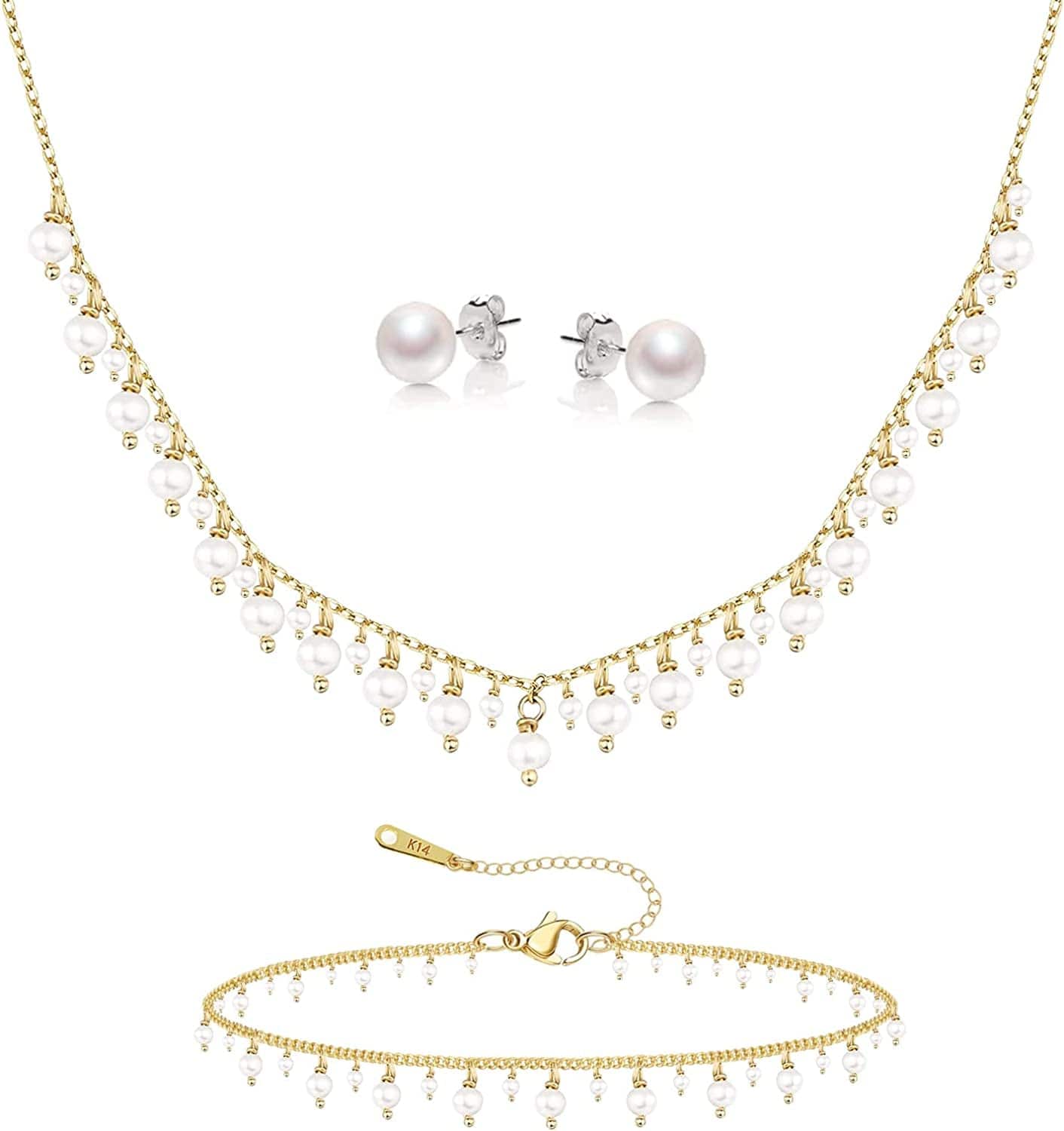 Kesaplan Pearl Necklace Set,14K Gold Plated Adjustable Pearl Choker Necklace and Pearl Bracelet Pearl Earrings Jewelry Set for Women C-Gold