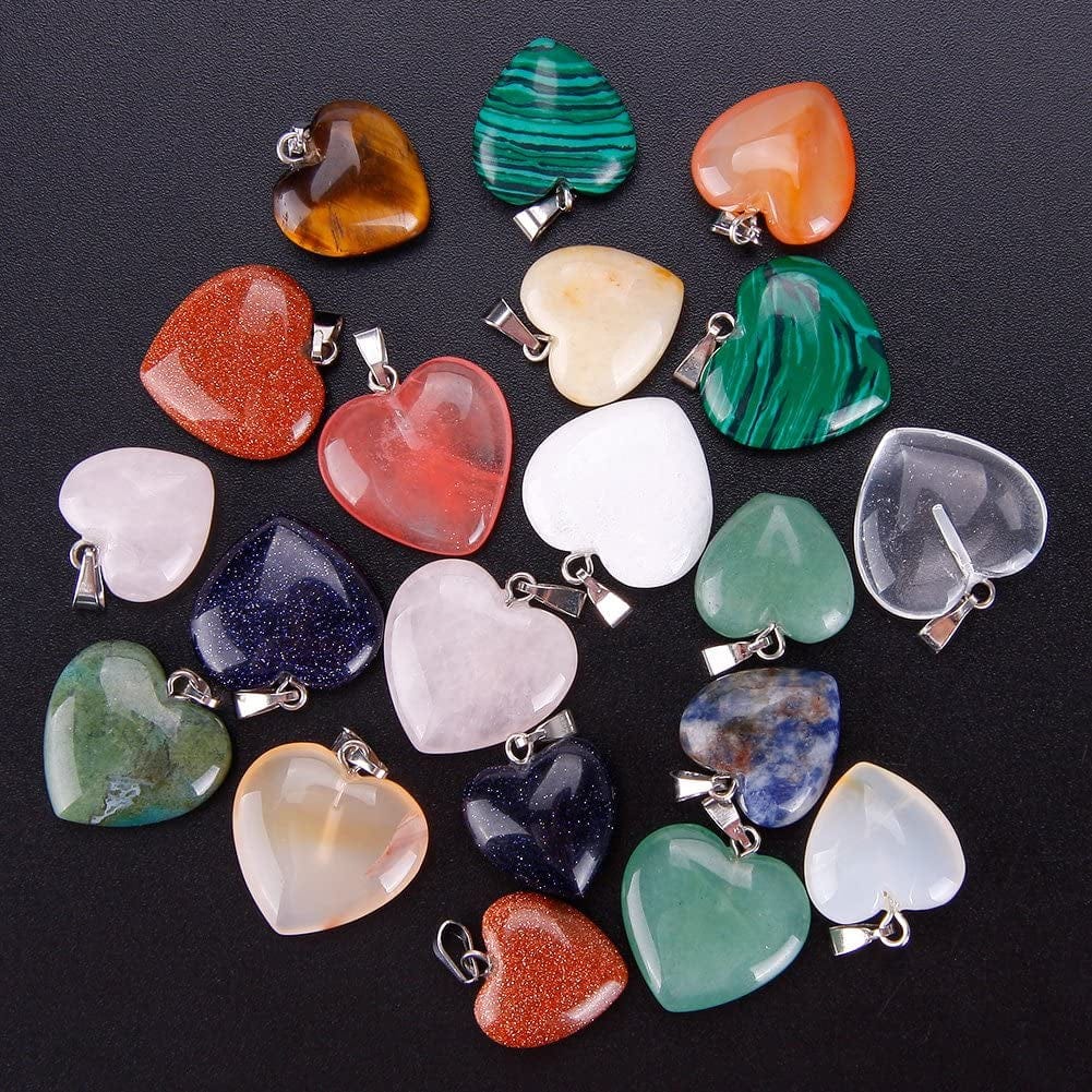 Keyzone 20 Pieces Heart Shaped Stone Pendants Charms Crystal Chakra Beads for DIY Necklace Jewelry Making, 2 Sizes, Assorted Color