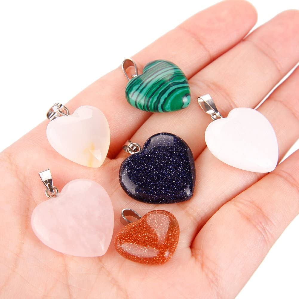 Keyzone 20 Pieces Heart Shaped Stone Pendants Charms Crystal Chakra Beads for DIY Necklace Jewelry Making, 2 Sizes, Assorted Color