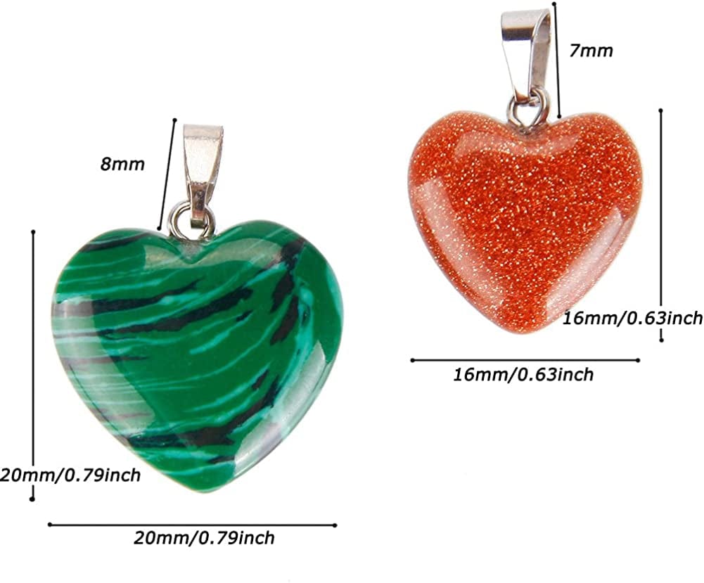 Keyzone 20 Pieces Heart Shaped Stone Pendants Charms Crystal Chakra Beads for DIY Necklace Jewelry Making, 2 Sizes, Assorted Color