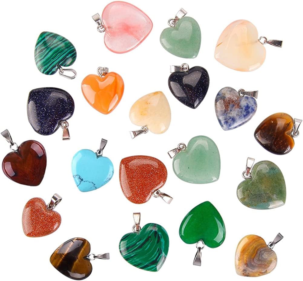 Keyzone 20 Pieces Heart Shaped Stone Pendants Charms Crystal Chakra Beads for DIY Necklace Jewelry Making, 2 Sizes, Assorted Color