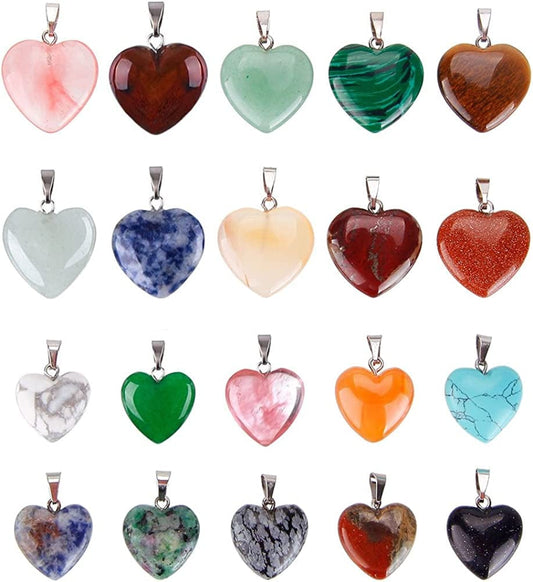 Keyzone 20 Pieces Heart Shaped Stone Pendants Charms Crystal Chakra Beads for DIY Necklace Jewelry Making, 2 Sizes, Assorted Color