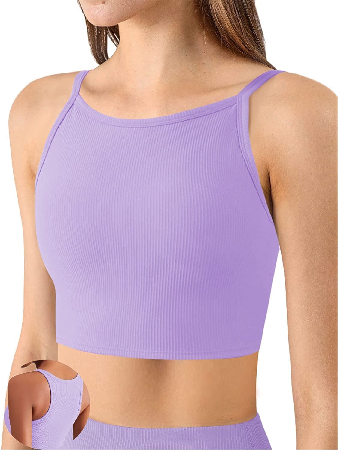 KIKIWING Cropped Tank Top Longline Bralette Sports Bra Tank Top 2 Pack Brami Tops Ribbed Crop Top Seamless Sports Bra Set H-purple / Large