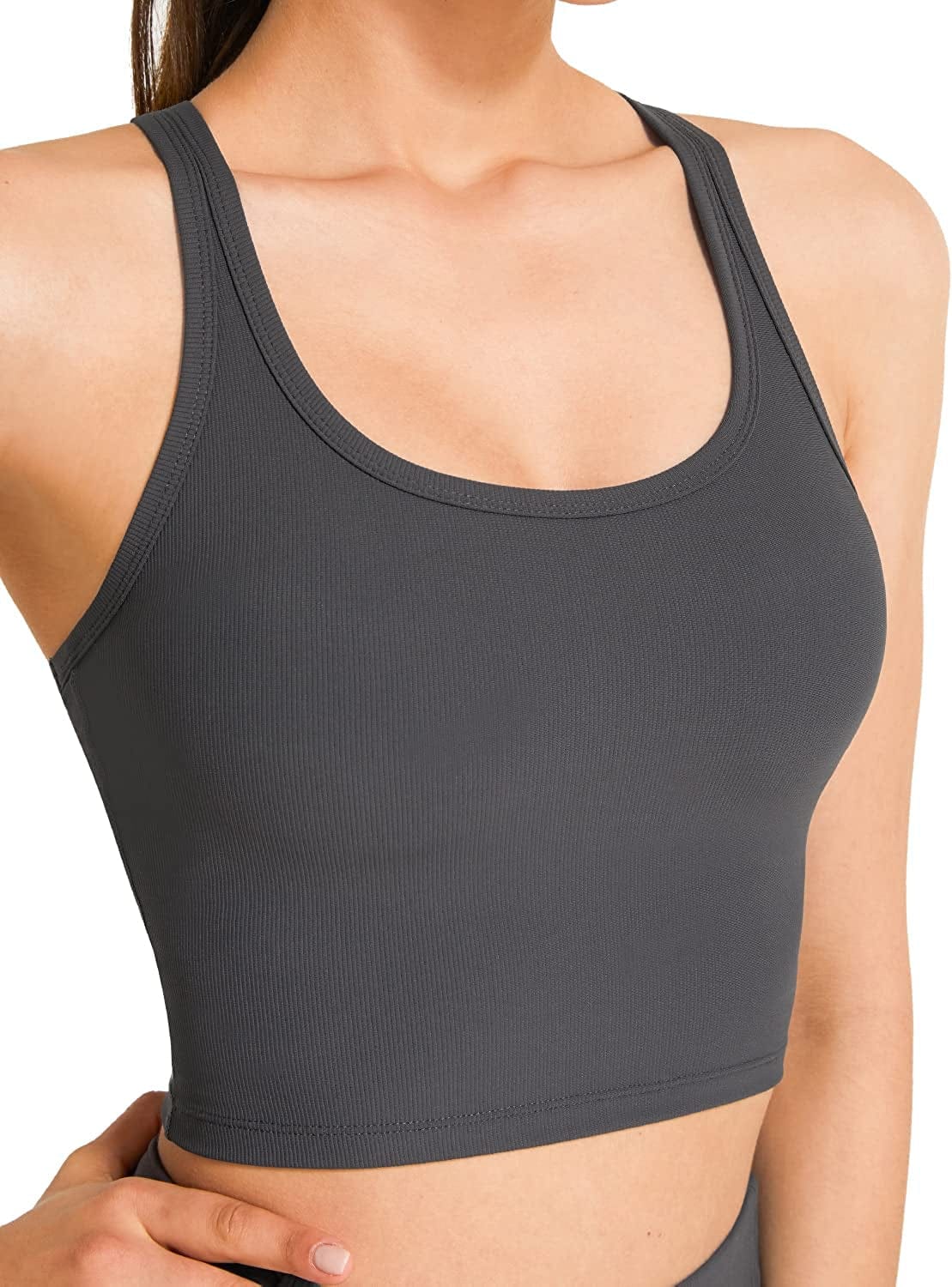 KIKIWING Cropped Tank Top Longline Bralette Sports Bra Tank Top 2 Pack Brami Tops Ribbed Crop Top Seamless Sports Bra Set R-graphite Grey / Large