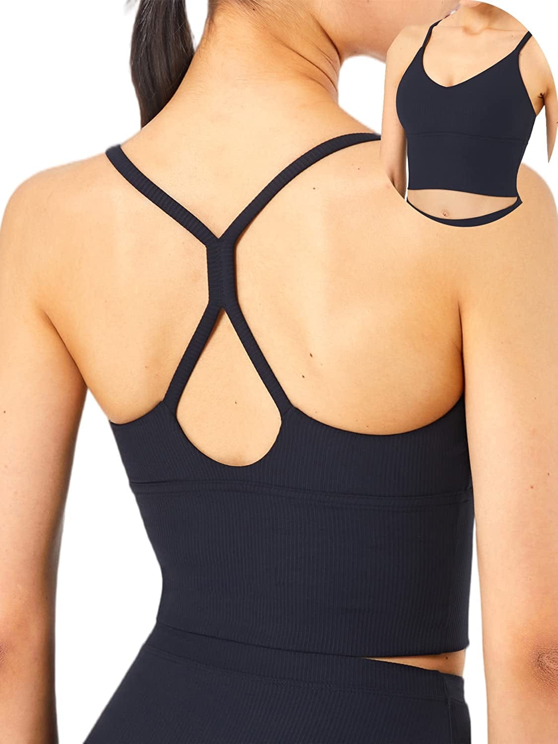 KIKIWING Cropped Tank Top Longline Bralette Sports Bra Tank Top 2 Pack Brami Tops Ribbed Crop Top Seamless Sports Bra Set V-black / Large