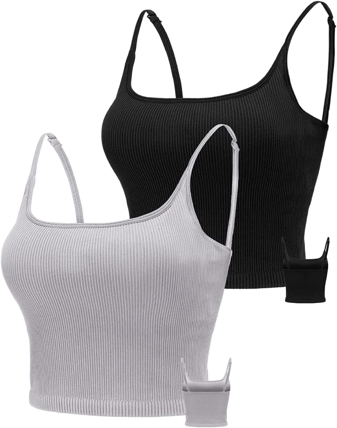 KIKIWING Cropped Tank Top Longline Bralette Sports Bra Tank Top 2 Pack Brami Tops Ribbed Crop Top Seamless Sports Bra Set 2 Pack-grey+black / Large