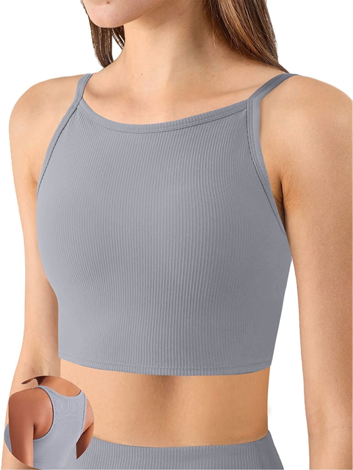 KIKIWING Cropped Tank Top Longline Bralette Sports Bra Tank Top 2 Pack Brami Tops Ribbed Crop Top Seamless Sports Bra Set H-grey / Large