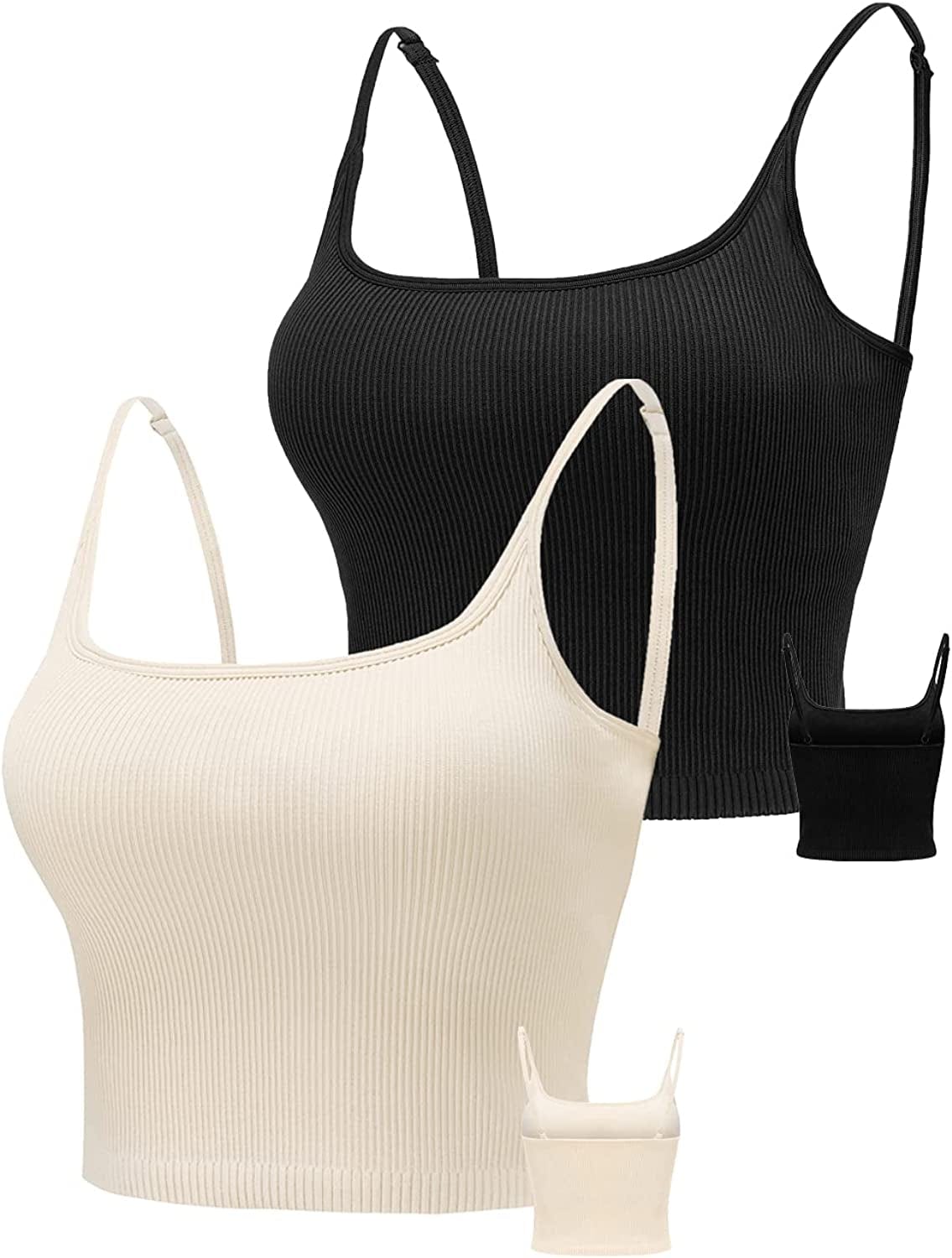 KIKIWING Cropped Tank Top Longline Bralette Sports Bra Tank Top 2 Pack Brami Tops Ribbed Crop Top Seamless Sports Bra Set 2 Pack-black+beige / Large