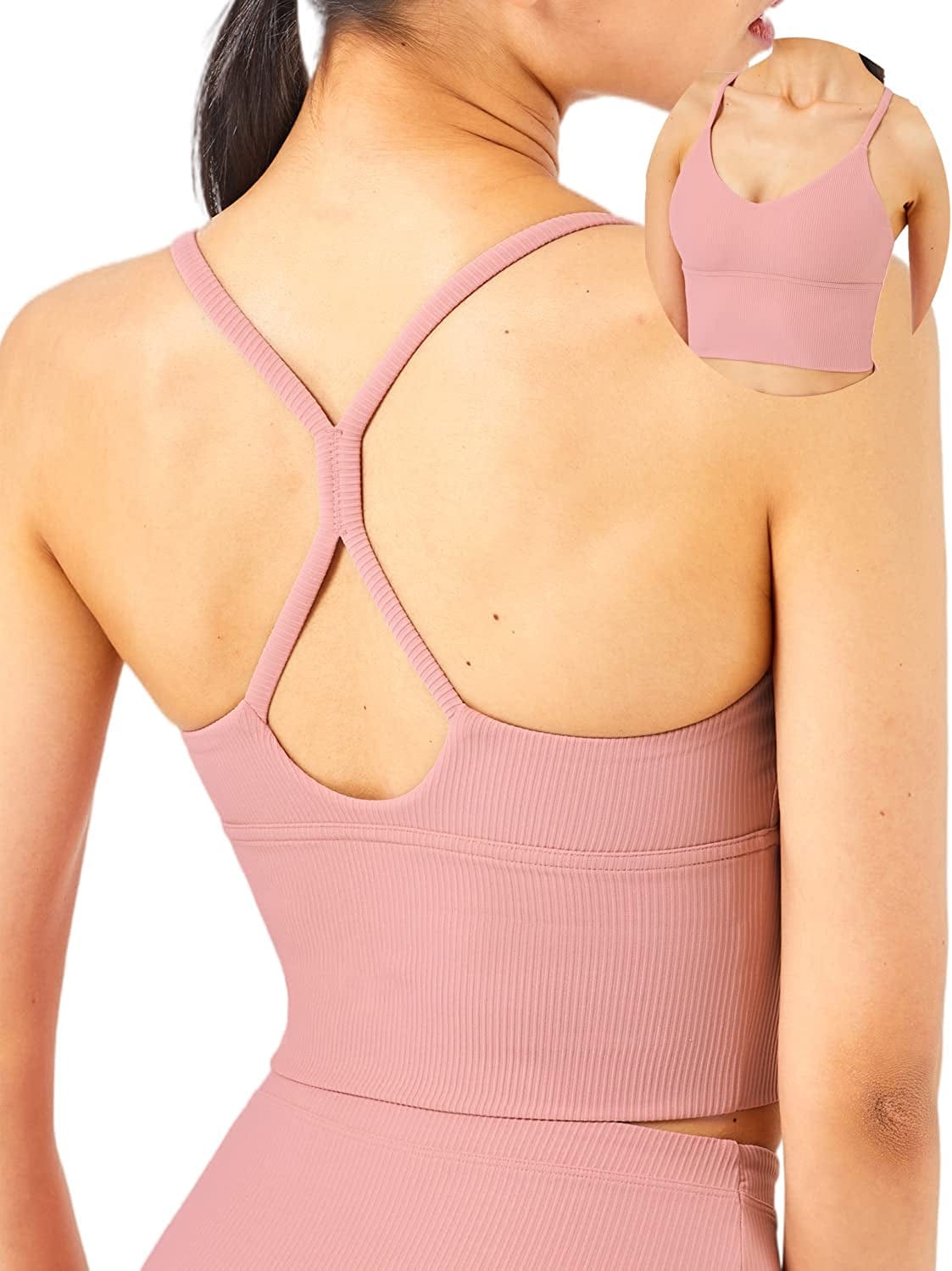 KIKIWING Cropped Tank Top Longline Bralette Sports Bra Tank Top 2 Pack Brami Tops Ribbed Crop Top Seamless Sports Bra Set V-pink / Large