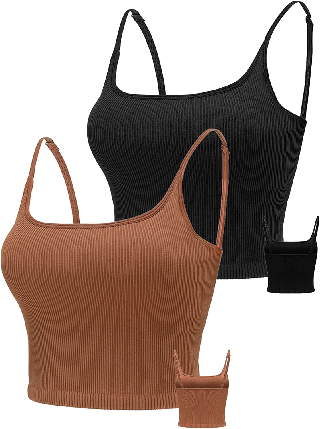 KIKIWING Cropped Tank Top Longline Bralette Sports Bra Tank Top 2 Pack Brami Tops Ribbed Crop Top Seamless Sports Bra Set 2 Pack-black+bronze / Large