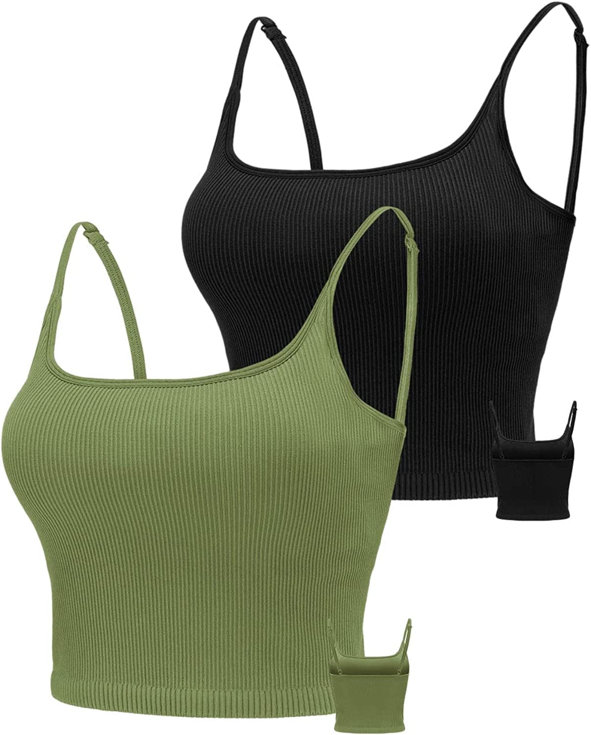 KIKIWING Cropped Tank Top Longline Bralette Sports Bra Tank Top 2 Pack Brami Tops Ribbed Crop Top Seamless Sports Bra Set 2 Pack-black+green / Large