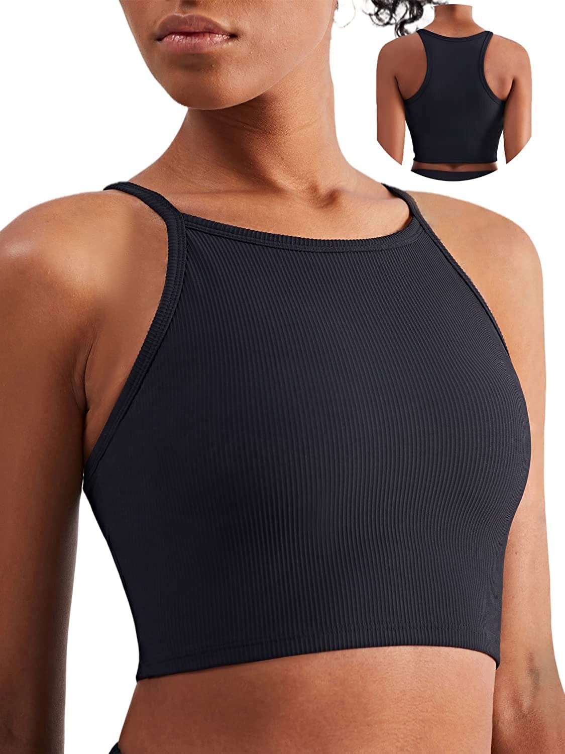 KIKIWING Cropped Tank Top Longline Bralette Sports Bra Tank Top 2 Pack Brami Tops Ribbed Crop Top Seamless Sports Bra Set H-black / Large