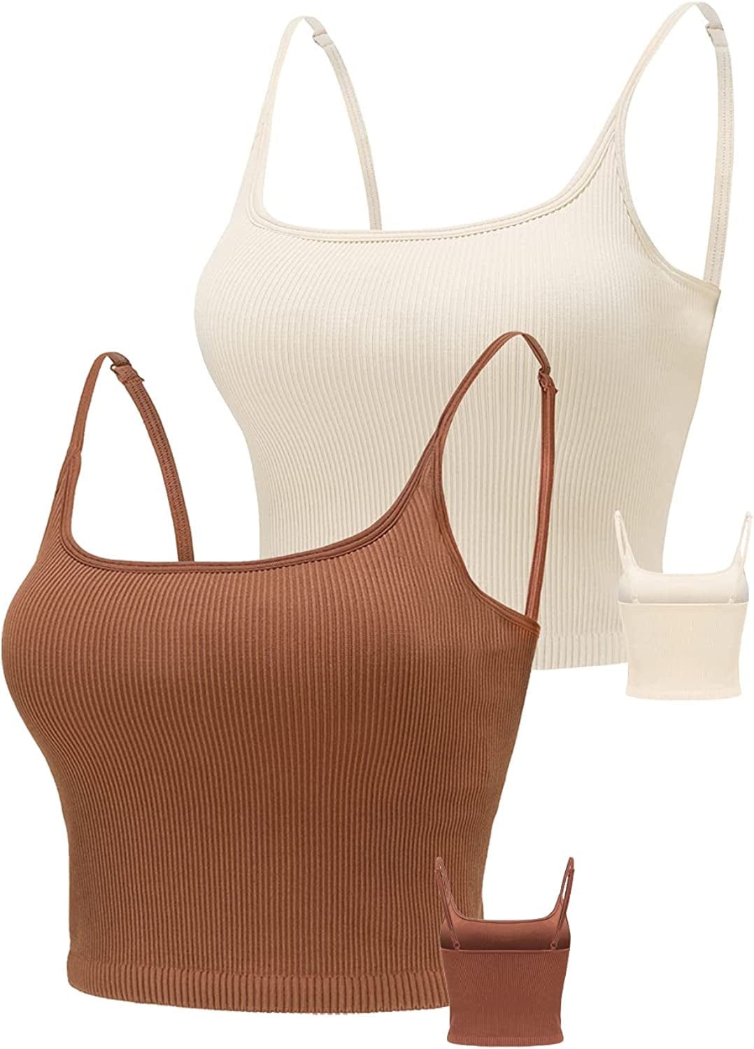 KIKIWING Cropped Tank Top Longline Bralette Sports Bra Tank Top 2 Pack Brami Tops Ribbed Crop Top Seamless Sports Bra Set 2 Pack-bronze+beige / Large