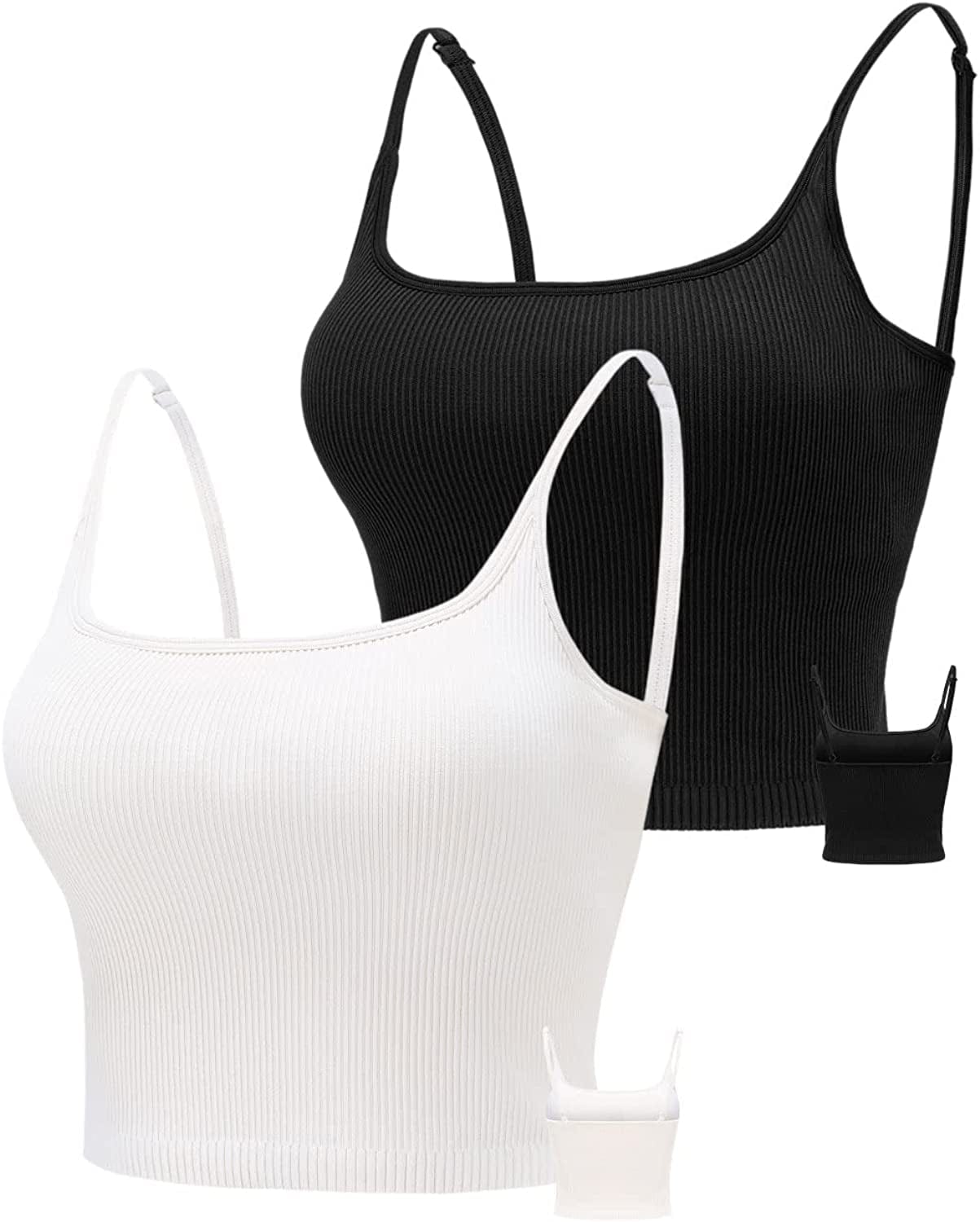 KIKIWING Cropped Tank Top Longline Bralette Sports Bra Tank Top 2 Pack Brami Tops Ribbed Crop Top Seamless Sports Bra Set 2 Pack-black+white / Large