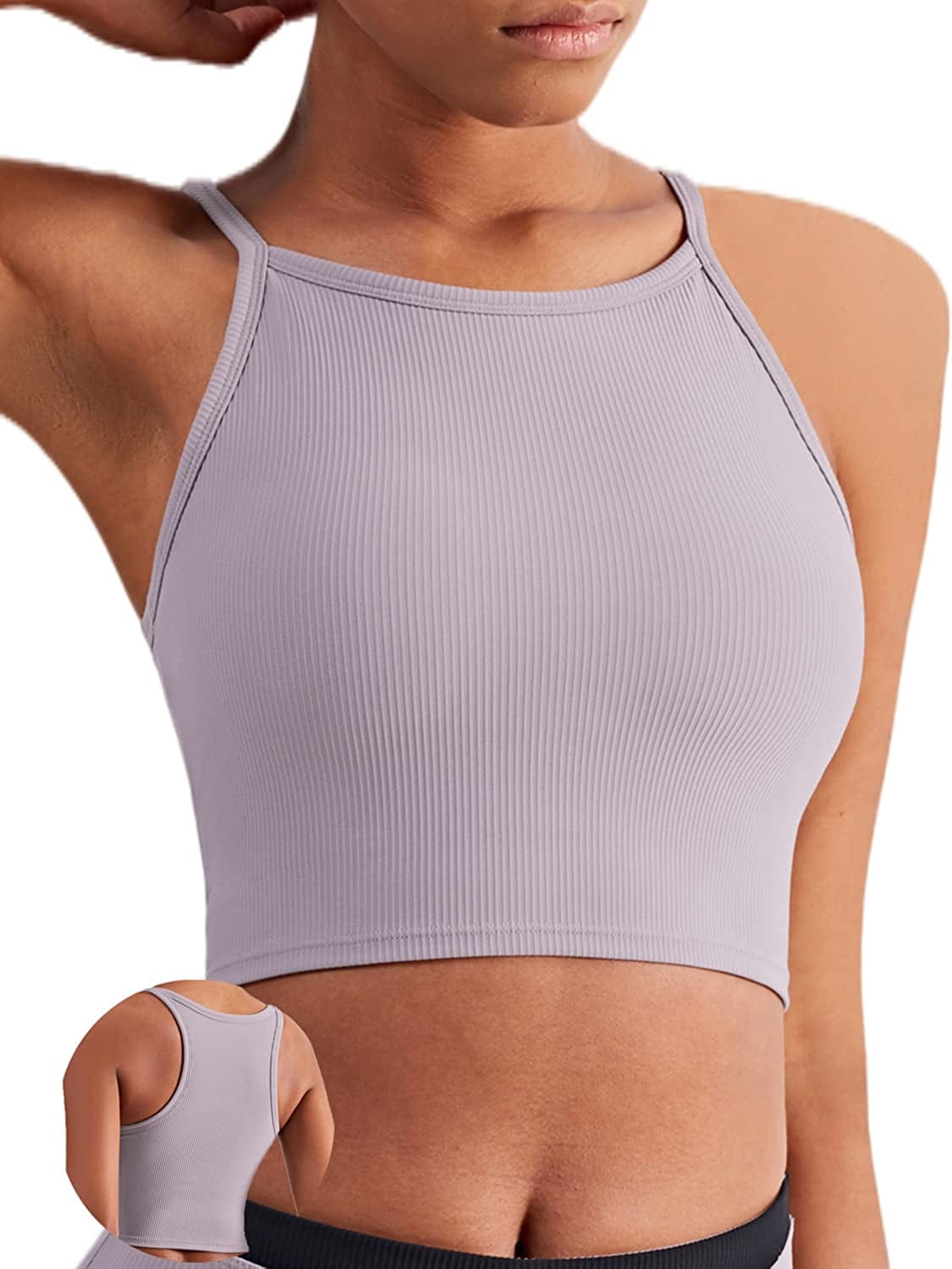 KIKIWING Cropped Tank Top Longline Bralette Sports Bra Tank Top 2 Pack Brami Tops Ribbed Crop Top Seamless Sports Bra Set H-violet Verbena / Large