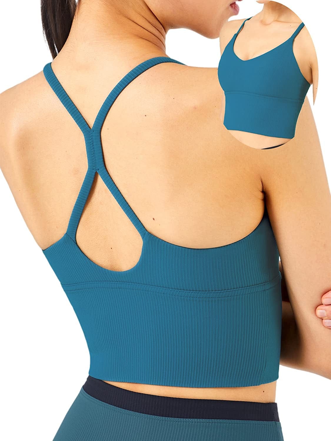 KIKIWING Cropped Tank Top Longline Bralette Sports Bra Tank Top 2 Pack Brami Tops Ribbed Crop Top Seamless Sports Bra Set V-lake Blue / Large