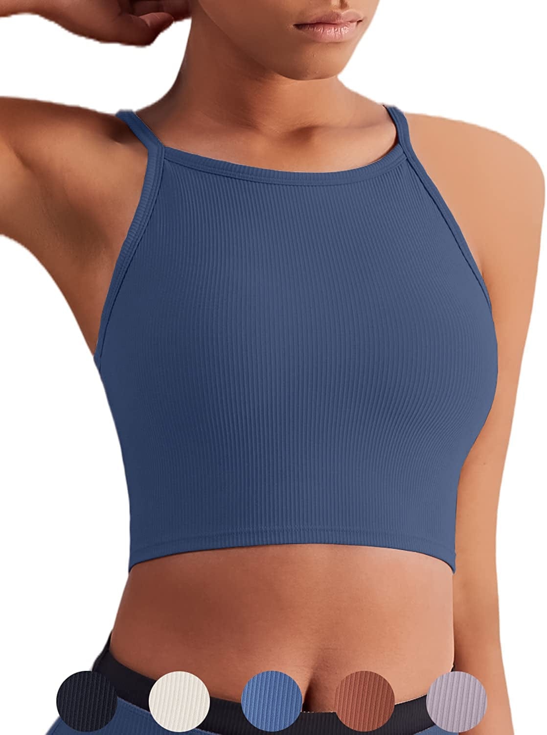 KIKIWING Cropped Tank Top Longline Bralette Sports Bra Tank Top 2 Pack Brami Tops Ribbed Crop Top Seamless Sports Bra Set H-blue / Large