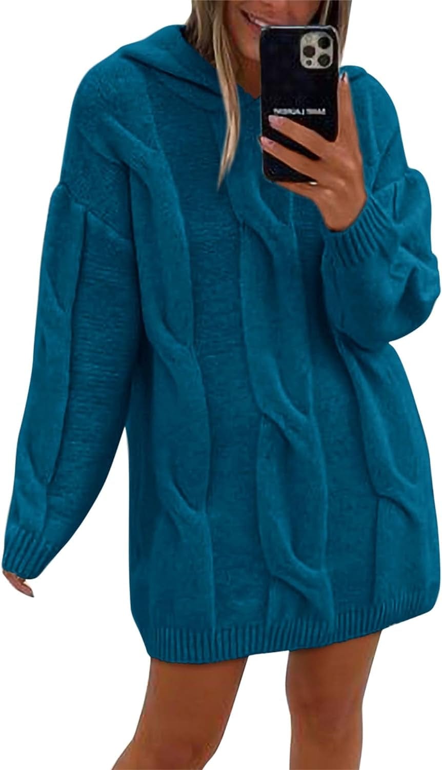 KIRUNDO Womens Fashion 2023 Fall Winter Oversized Cable Knit Hooded Sweater Dress Long Sleeve Chunky Sweaters Pullover Denim Blue / Small