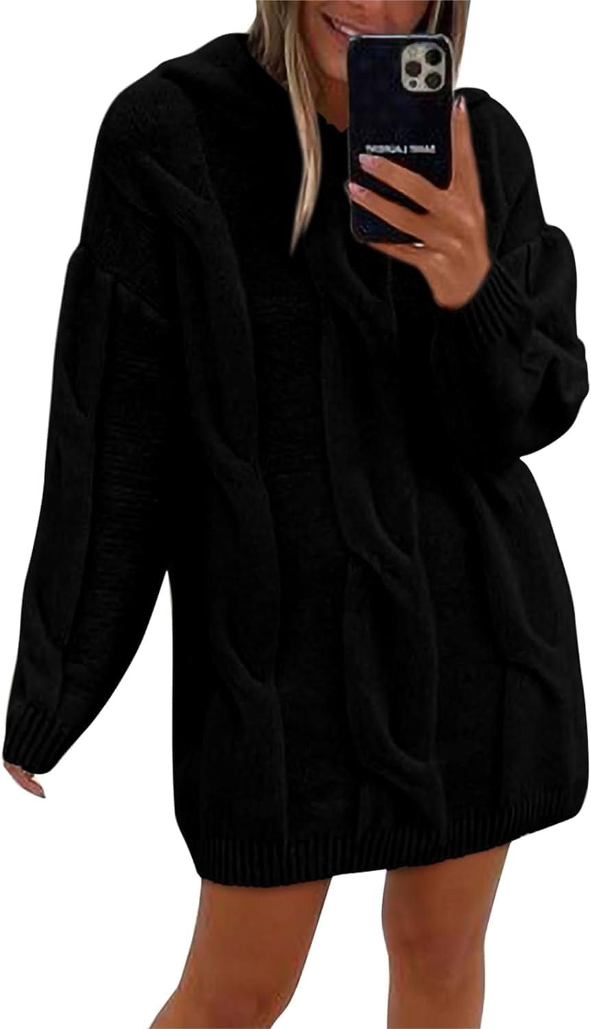 KIRUNDO Womens Fashion 2023 Fall Winter Oversized Cable Knit Hooded Sweater Dress Long Sleeve Chunky Sweaters Pullover Black / Medium