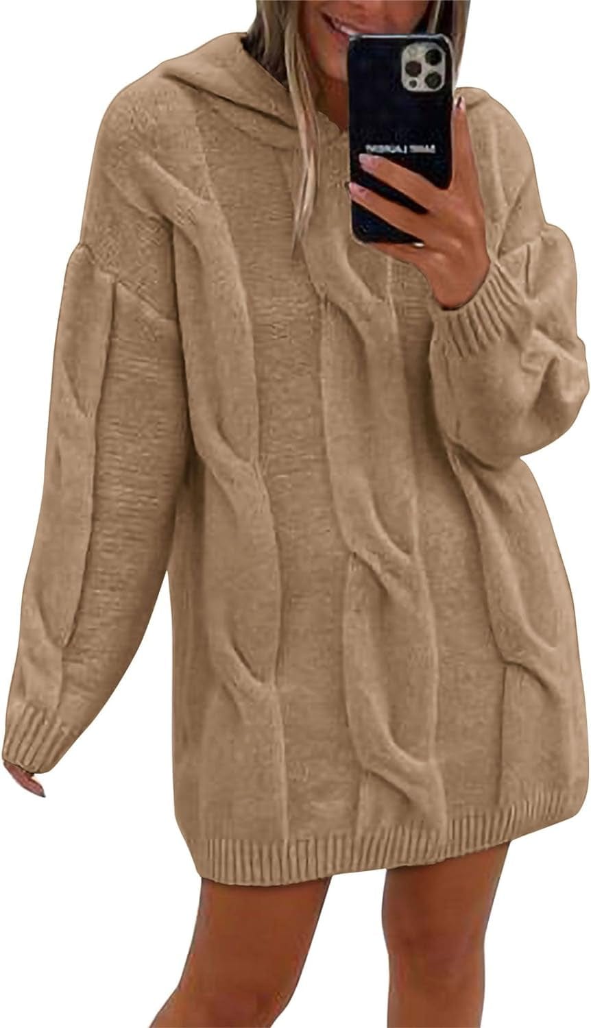 KIRUNDO Womens Fashion 2023 Fall Winter Oversized Cable Knit Hooded Sweater Dress Long Sleeve Chunky Sweaters Pullover Khaki / Medium
