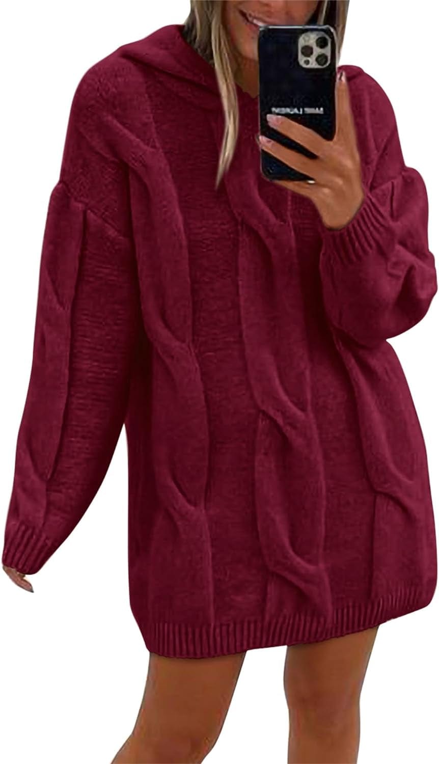 KIRUNDO Womens Fashion 2023 Fall Winter Oversized Cable Knit Hooded Sweater Dress Long Sleeve Chunky Sweaters Pullover Wine Red / Small