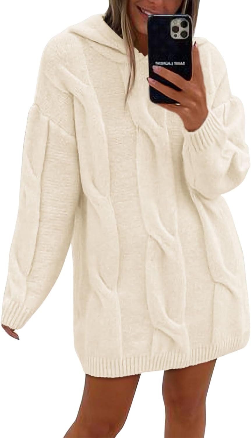 KIRUNDO Womens Fashion 2023 Fall Winter Oversized Cable Knit Hooded Sweater Dress Long Sleeve Chunky Sweaters Pullover Beige / Medium