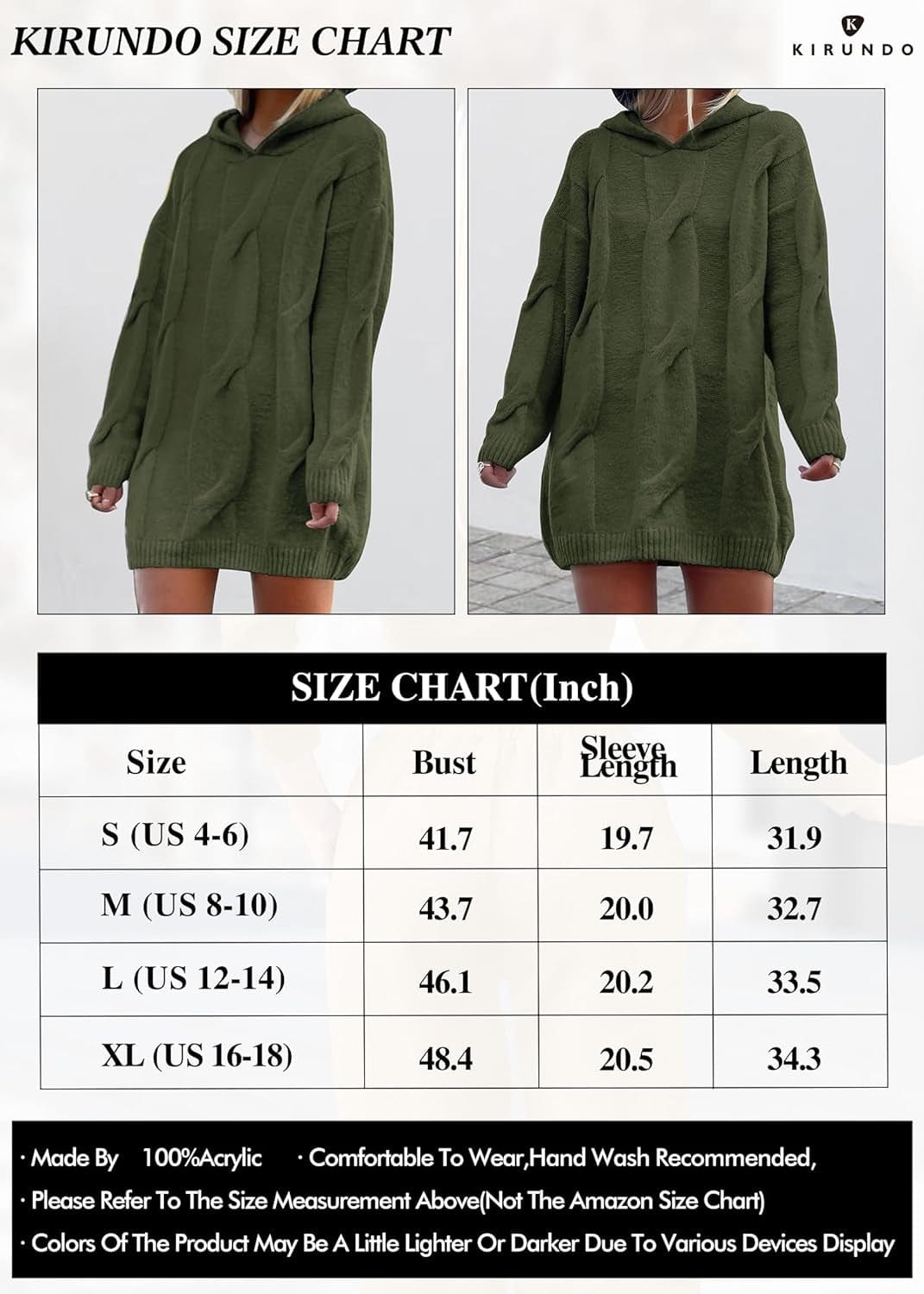 KIRUNDO Womens Fashion 2023 Fall Winter Oversized Cable Knit Hooded Sweater Dress Long Sleeve Chunky Sweaters Pullover