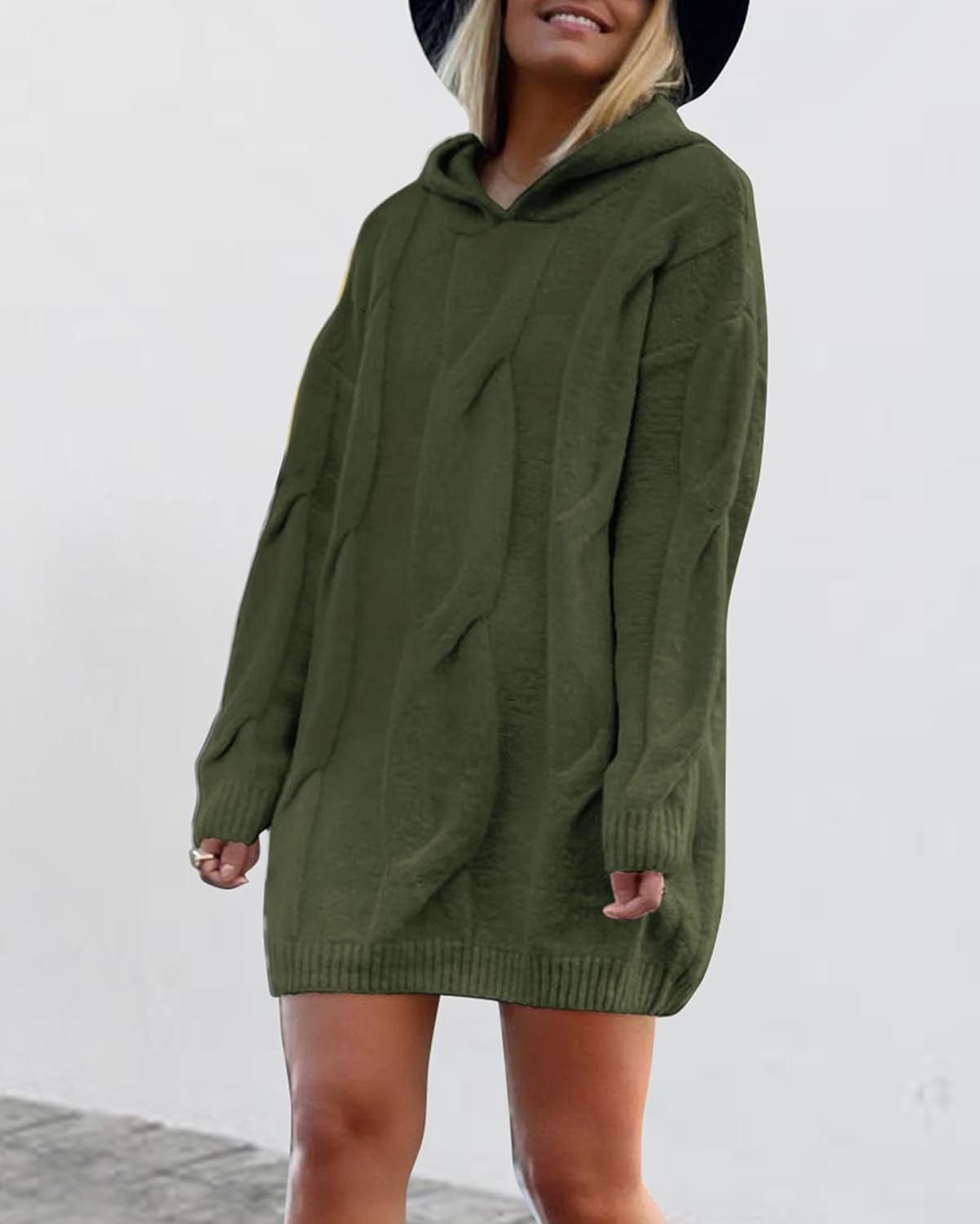 KIRUNDO Womens Fashion 2023 Fall Winter Oversized Cable Knit Hooded Sweater Dress Long Sleeve Chunky Sweaters Pullover