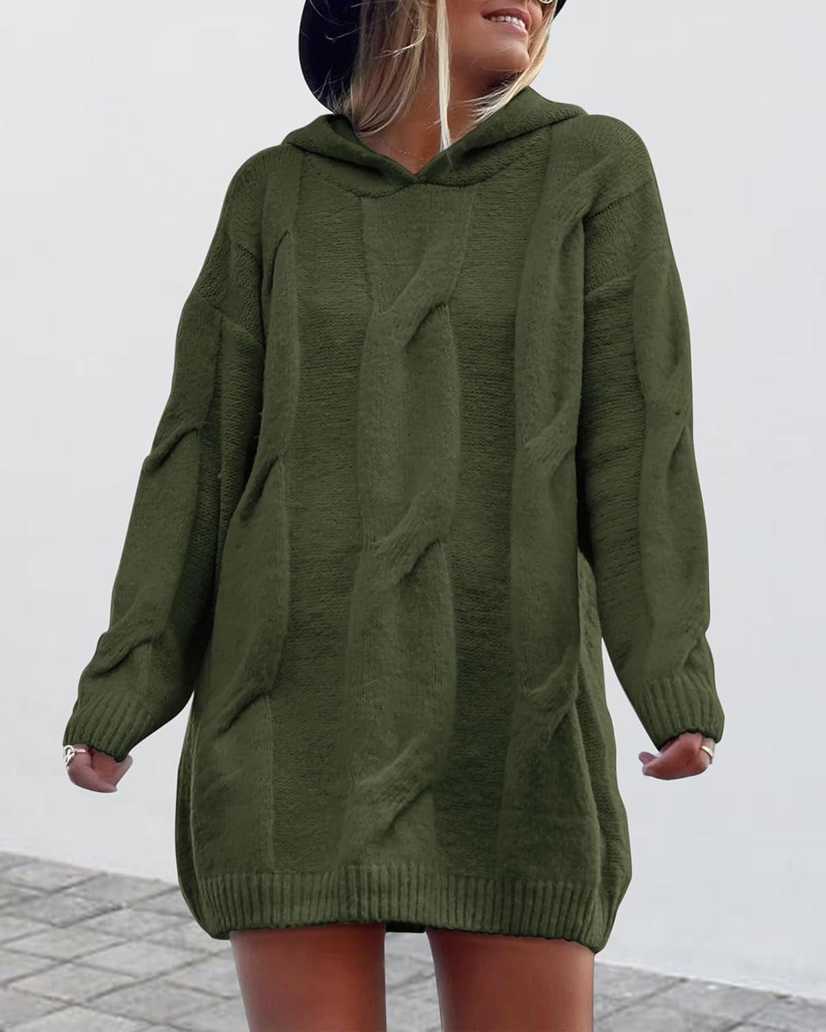 KIRUNDO Womens Fashion 2023 Fall Winter Oversized Cable Knit Hooded Sweater Dress Long Sleeve Chunky Sweaters Pullover