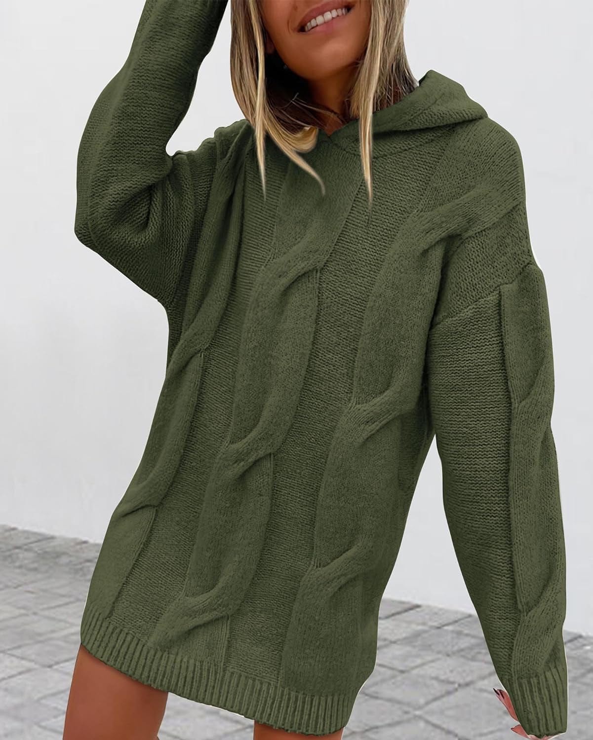 KIRUNDO Womens Fashion 2023 Fall Winter Oversized Cable Knit Hooded Sweater Dress Long Sleeve Chunky Sweaters Pullover