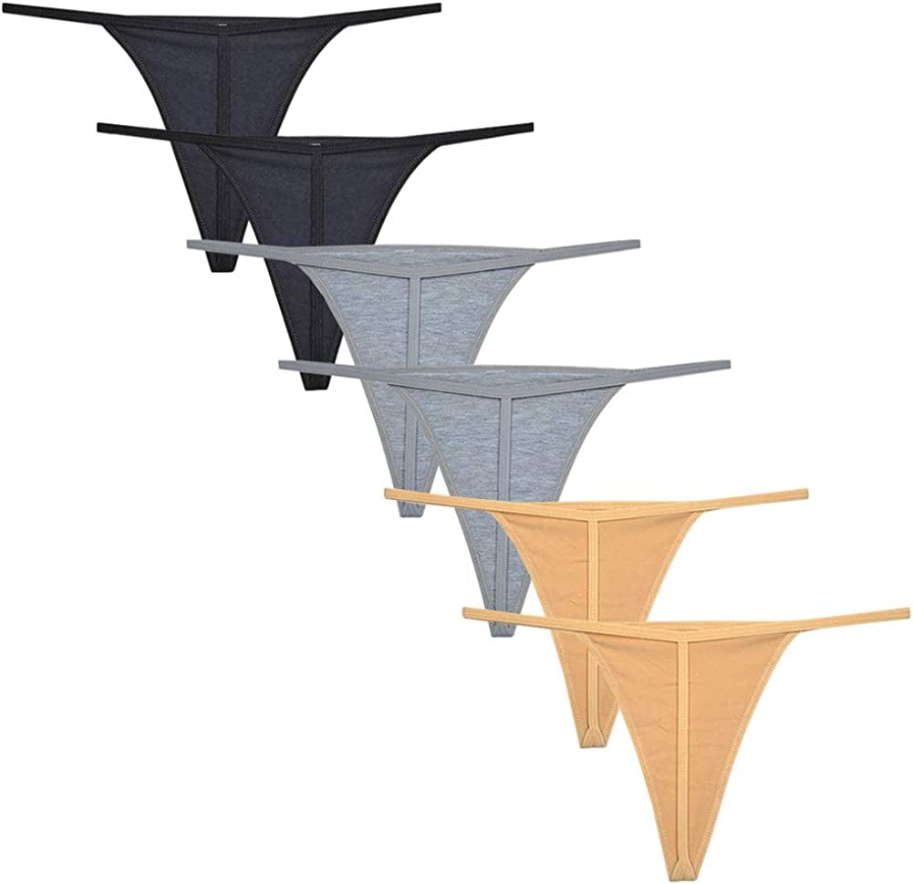 Kissecret Women Cotton G-Strings Underwear Pack of 6Pcs Sexy T-String Thong Panties 2black/2beige/2gray / Small-Medium