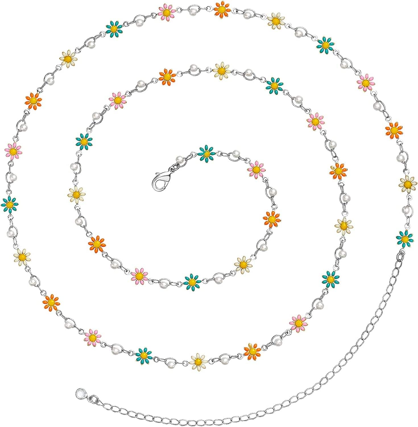 Kissyan Bikini Body Chains for Women, 14K Gold Adjustable Sexy Waist Chain Summer Beach Colorful Cuban Link Pearl Evil Eyes Belly Chain Handmade Jewelry Apparel & Accessories > Jewelry > Body Jewelry KissYan Silver-colorful daisy