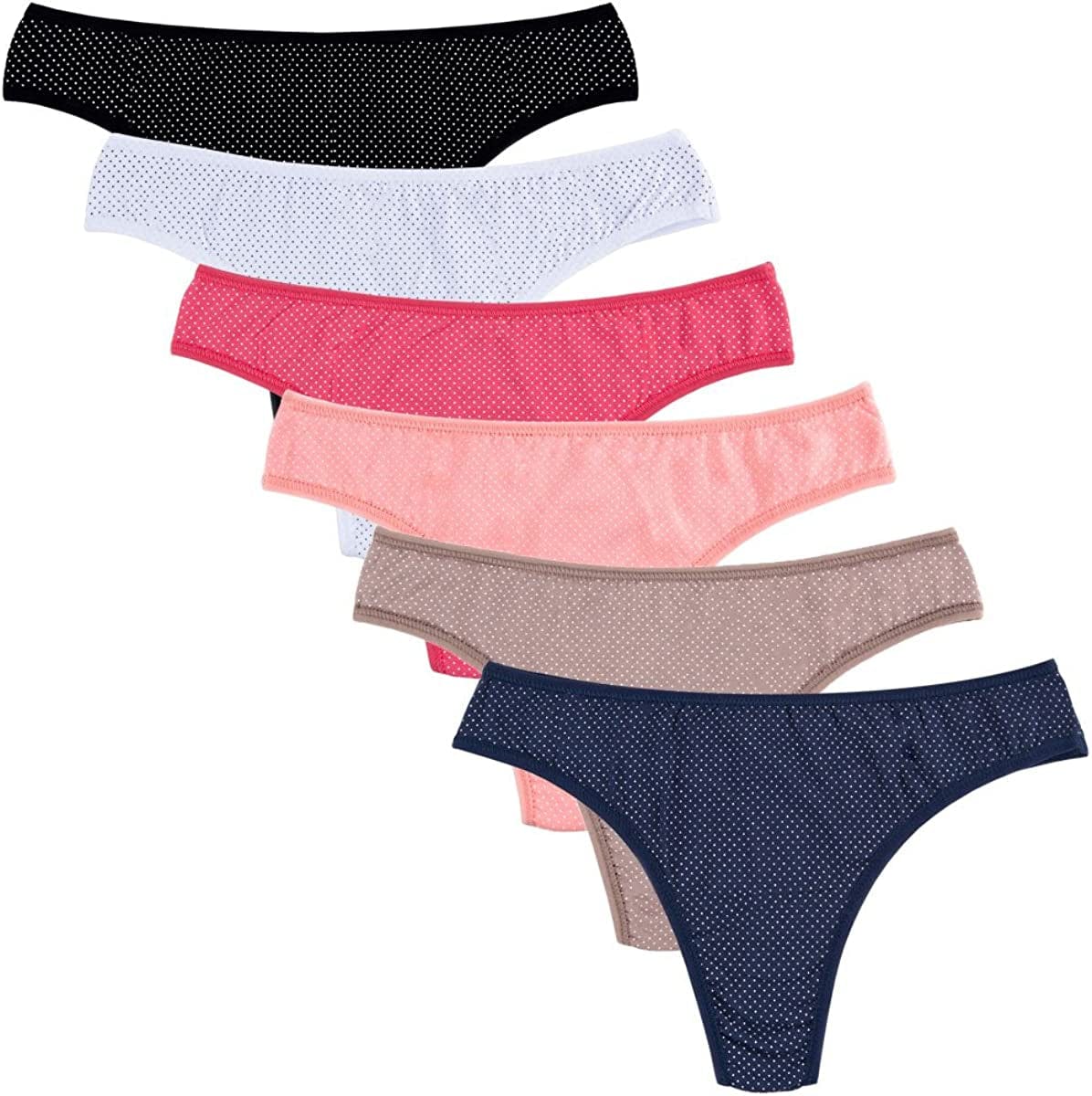 KNITLORD 6 Pack Women'S Thongs Underwear Cotton Breathable Panties Hipster Bikini Dot Print / Medium