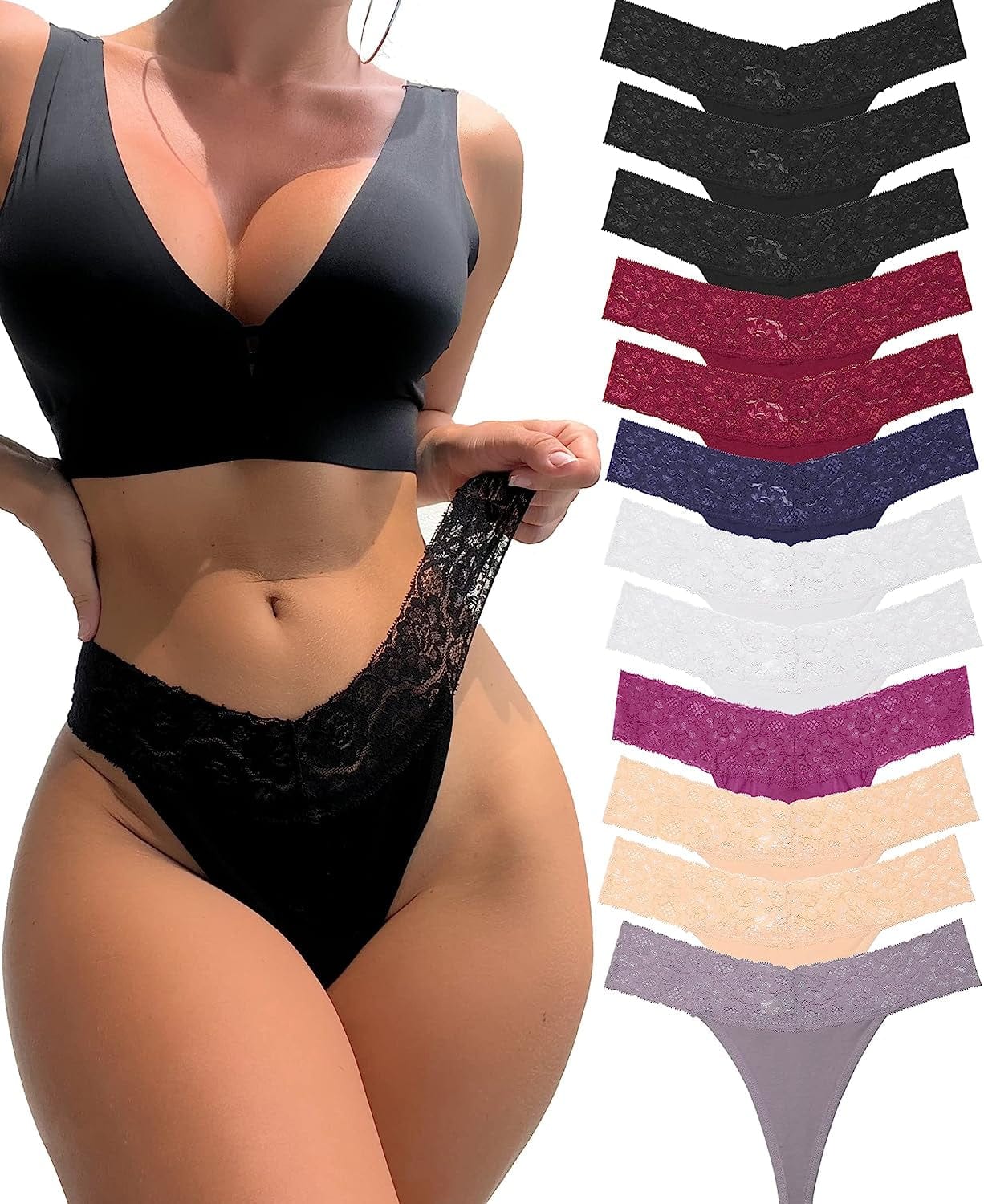 Knowyou 12/6 Pack Cotton Thongs for Women Sexy V-Waist Lace Women’S Underwear Breathable No Show T-Back Tanga Panties 12 Pack A4 (Black*3 White*2 Beige*2 Red*2 Blue*1 Khaki*1 Purple*1) / Small