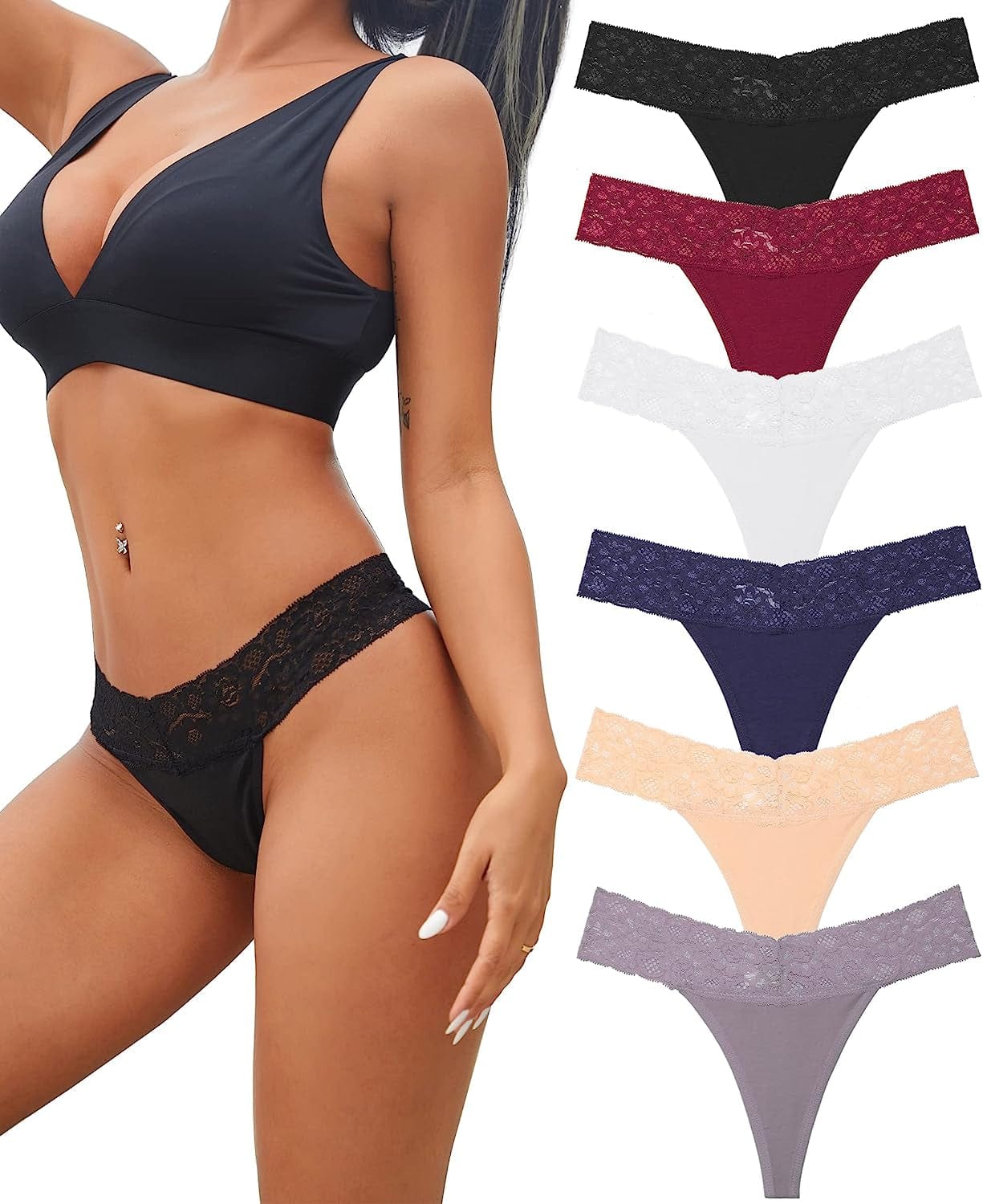 Knowyou 12/6 Pack Cotton Thongs for Women Sexy V-Waist Lace Women’S Underwear Breathable No Show T-Back Tanga Panties 6 Pack A3 (Black*1 White*1 Beige*1 Red*1 Blue*1 Khaki*1) / Medium