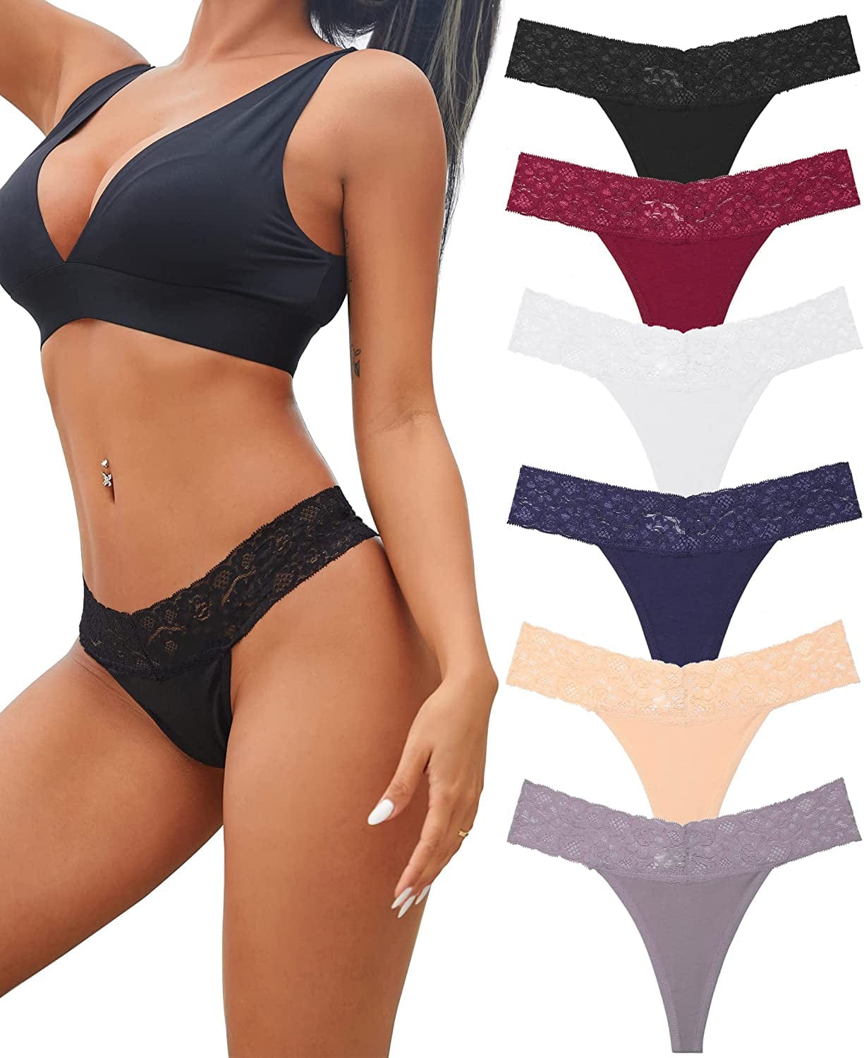 Knowyou 12/6 Pack Cotton Thongs for Women Sexy V-Waist Lace Women’S Underwear Breathable No Show T-Back Tanga Panties 6 Pack A3 (Black*1 White*1 Beige*1 Red*1 Blue*1 Khaki*1) / Large